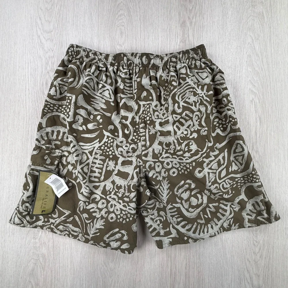 Swim Trunks Natural Life Mens Large Brown Tribal Graphic Print Board Shorts New